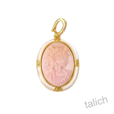 18K Gold Plated Sterling Silver Pink Conch Shell Lady Profile Cameo Pendant - Image 1 of 4