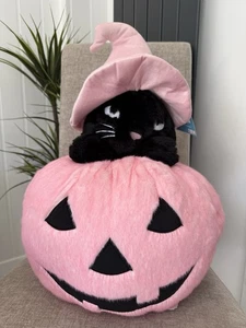 TK Maxx Halloween gorgeous Pink Pumpkin Black Cat Witch cushion BNWT - Picture 1 of 3