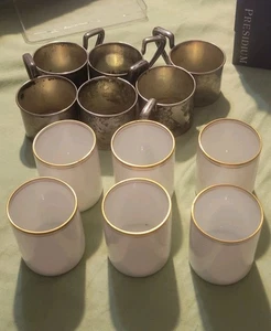 6er Set Sterling Silber Teetassenhalter mit Porzellan & Goldrand Tassen 118g. - Bild 1 von 21