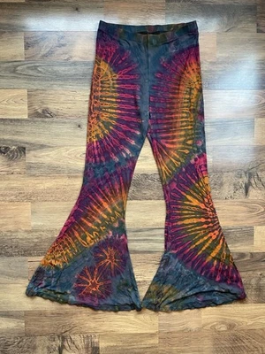 SACRED THREADS 70' tie dye hippie viscose knit flared pants OS - Image 1 of 4
