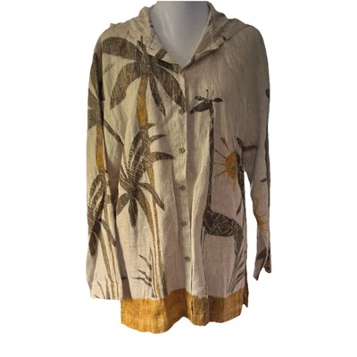 CHICOS DESIGNS Hooded Long Sleeve Giraffe Pattern Linen Jacket Women’s Sz L - Image 1 of 4