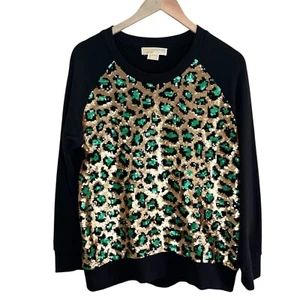 Michael Michael Kors Sequin Gold and Green Leopard Print Black Sweatshirt 0X - Picture 1 of 10