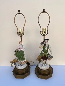 Vintage Porcelain Figural Table Lamps Pair Rococo Courting Man & Woman French - Picture 1 of 22