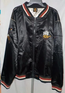 Vntg MISKEEN ORIGINALS Bomber Jacket Embroidered Indian SKULL Satin BLACK 4XL - Picture 1 of 23