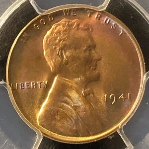 1941 1C RB Lincoln Wheat One Cent  PCGS MS66RB Rainbow Toning    34008609 - Picture 1 of 4