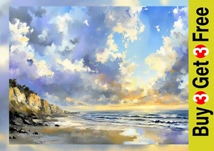 Peaceful Shoreline Morning Painting Print 5"x7" on Matte Paper | Cloudy Sky - Picture 1 of 17