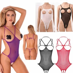 Damen Durchsichtige Body Mesh Open Cup Lingerie Einteiler Sexy Bodysuit Clubwear - Picture 1 of 58