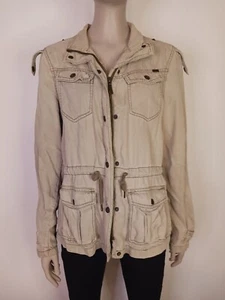 Max Jeans Womens Small Jacket Beige Utility Military Tencel Cargo Pockets Zip Up - Picture 1 of 6