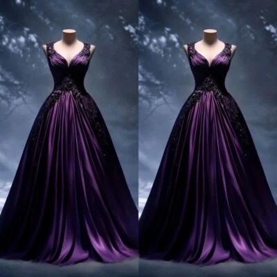 Gothic Wedding Dresses Black Purple Sleeveless Satin Beading A Line Bridal Gowns - Image 1 of 4