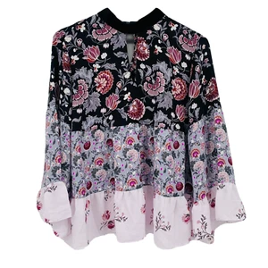 Top blusa boho LOFT taglia small viola floreale velluto finto collo buco della serratura - Foto 1 di 10