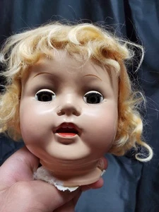 S3 Vintage 1950s Hard Plastic Blinking green Eyes Baby Doll Head Open Mouth - Picture 1 of 12