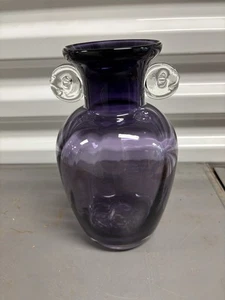 Heavy Deep Purple Hand Blown Art Glass Vase Applied Clear Scroll Handles 7.5” - Picture 1 of 5