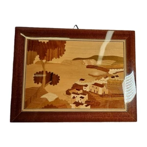 Vintage Inlaid Teak Marquetry Wall Hanging – Coastal Scene (9" x 6.5") - Picture 1 of 8