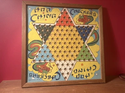 HOP CHING VINTAGE 1940s PRESSBOARD CHINESE CHECKERS GAME, WOOD FRAME, 15" x .5" - Image 1 of 4