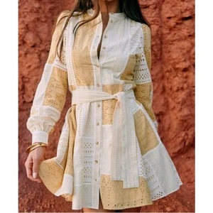 Sezane Lou Eyelet Patchwork Mini Dress Long Sleeve Button Front Tan Cream 36 (S) - Picture 1 of 12
