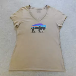 Patagonia Womens Shirt Medium Grey Buffalo Bison VNeck Logo Mountain Sunset - Picture 1 of 8