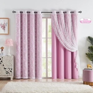 Mix and Match Curtains - Full Blackout Pink Curtains with Vintage Floral Whit... - Picture 1 of 8