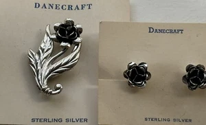 Vintage Sterling Danecraft Rose Brosche & Schraubverschluss Ohrringe Neu auf Karten - Bild 1 von 5