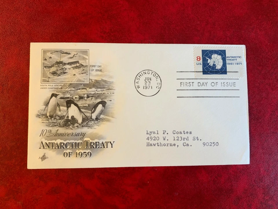 US USA ANTARCTIC 1971 FDC ARTCRAFT TREATY MAP PENGUINS SOUTH POLE - Image 1 of 1