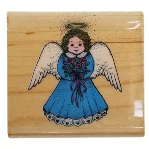 Hero Arts 1989 Vintage Rubber Stamp B-149 Dainty Angel Halo Wings Blue Dress - Bild 1 von 8