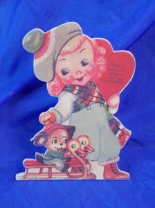 Valentines Day Retro Stand Up Card w/ Girl & Puppy on Sled - Picture 1 of 3