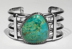 GROSSES ALTES 50er Navajo 56,6 g 925 Silber grün Tiffany Mine Türkis Armband 6 1/4" - Bild 1 von 9