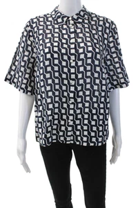 Boden Womens Linen Geometric Print Button Down Shirt Navy Blue White Size 10 - Picture 1 of 5