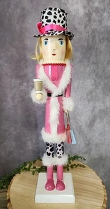 Pink Shopper Lady Girl Nutcracker Animal Print Wood Shopping Christmas 16" NEW - Picture 1 of 9