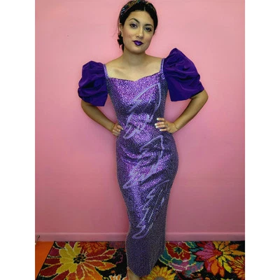 Talla Pequeña a XL | Vestido Vaina Vintage Años 80 Lentejuelas Púrpura Cuentas Manga Abullonada Foto 1 de 4