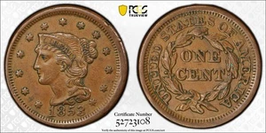 1853 Braided Hair Copper Large Cent 1C (Choice Almost Uncirculated) PCGS AU 53 - Picture 1 of 6