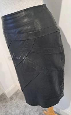 KAREN MILLEN - Black 100% Genuine Leather Layered Knee Length Skirt - Size 12 - Image 1 of 4