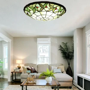 Art Deco Style Flushmount Light Stained Glass Bead Leaves Decor Recessed Fixture - Picture 1 of 7