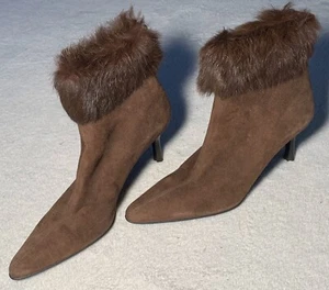 VINTAGE NEW Max de Carlo BROWN SUEDE ANKLE BOOTS Made In Italy Sz 8-B w/Faux Fur - Picture 1 of 12