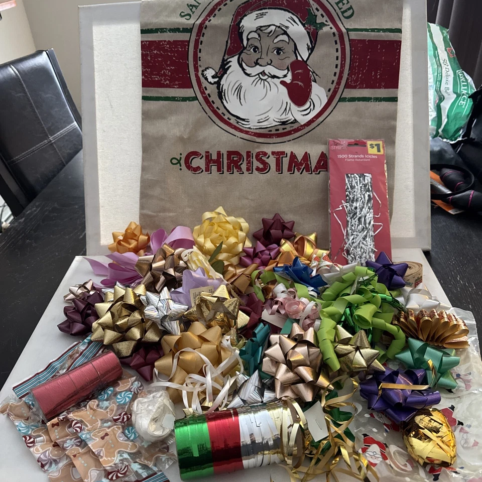 Christmas Gift Wrapping Lot - Bows Bags Ribbon Tinsel & Huge Burlap Gift Sack - Image 1 of 4
