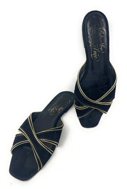 Alejandro Ingelmo Black Metallic Gold Suede Leather Slip On Slides Womens 40 EU — 第 1/4 张图片