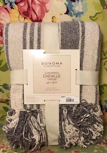 CHENILLE Cabana Stripe Throw Gray & Ivory/Cream Fringed Trim Sonoma Life & Style - Picture 1 of 12