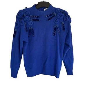 Vintage Cervelle Cobalt Blue Knit Beaded Sweater Size Medium Floral Shoulder Pad - Picture 1 of 19