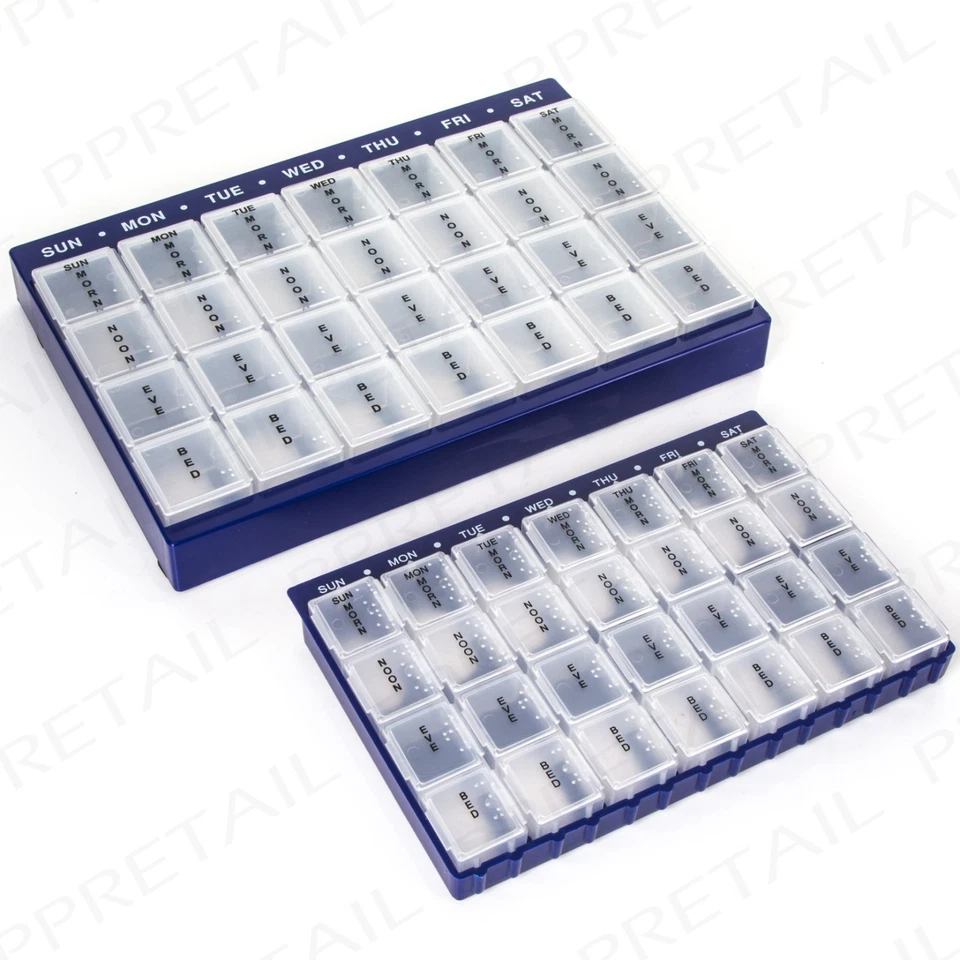 KLEINE REISEGRÖSSE/GROß WÖCHENTLICH/TÄGLICH BLINDENSCHRIFT PILLENORGANIZER 4 BOXEN PRO TAG