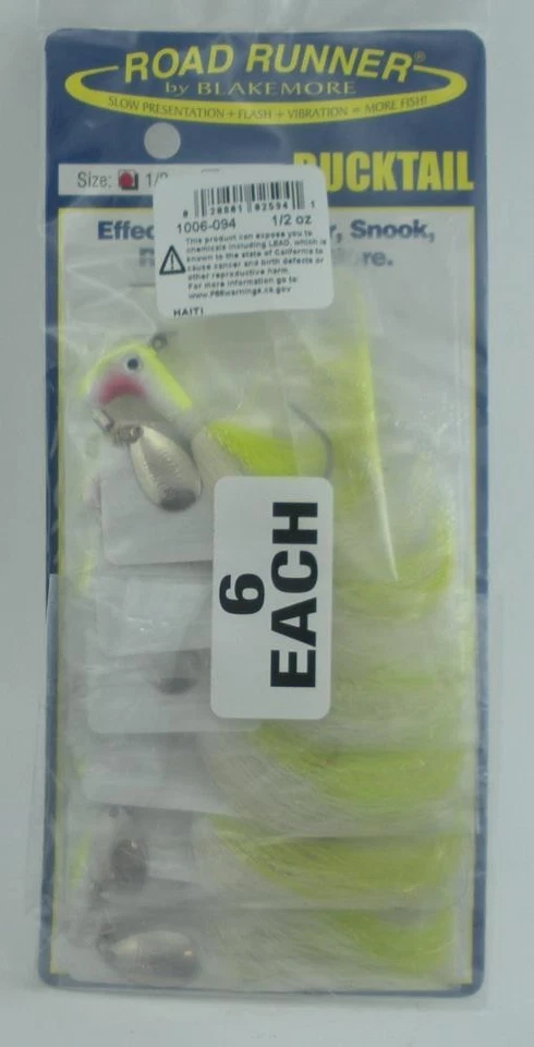 Blakemore 1006-94 Striper Bucktail Road Runner 1/2 OZ Chartr White Chart paquete de 6 Foto 1 de 1