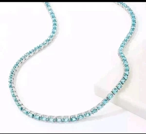 4mm Round Lab Created Women's Tennis Aquamarine Necklace 14K Wh Gold Plated 18" - Picture 1 of 5