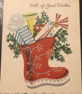 Vintage Weihnachtsgrußkarte dekoriert Stiefel/Strumpf voller Leckereien glitzernd - Bild 1 von 5