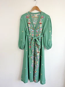 Boden Dress Size UK 10 R 100% Linen Midi Shirt Green Floral Addie Belted V Neck - Picture 1 of 10