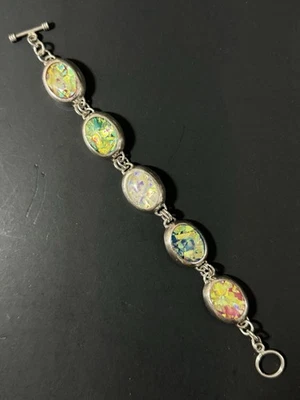 Vintage 925 Sterling Silver Mexico Foiled Opal Cabochons Bracelet - Image 1 of 4
