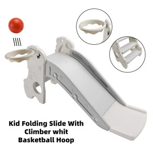 3In1 Kid Folding Slide With Climber,Basketball Hoop,Freestanding Slide Toy White - Picture 1 of 14