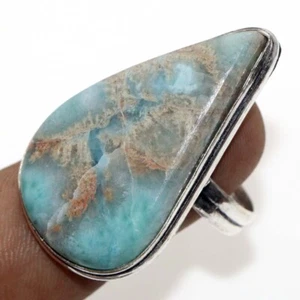 925 Silver Plated Larimar Ethnic Ring Handmade Jewelry Size US 12 MJ - Picture 1 of 3