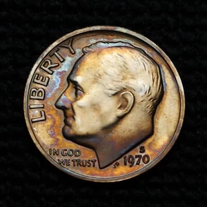 1970-S Roosevelt Groschen Kamee Proof mit Halter Regenbogen Ton - Bild 1 von 2