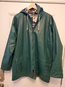 Vintage Misty Harbor Any Time Jacket PVC Rain Coat Green Plaid Lining Mens Large