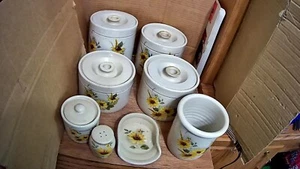 VINTAGE 8 pc Shakers & Thangs Pottery/Stoneware SUNFLOWER Pattern Canister Set - Picture 1 of 6