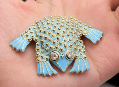 RARO Broche Prendedor Rana Sapo Esmalte Azul Diamante Redondo Oro Sólido Amarillo 18K Foto 1 de 4