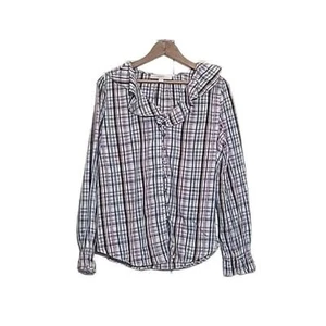 Loft Black Plaid Cotton Ruffle Collar And Cuffs Button Up Blouse Sz M Womens - Picture 1 of 6